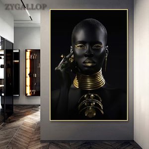 Черно-золотой африканский женщина плакат современные стены искусства холст живопись черная женщина печатает декоративные фотографии для гостиной декор