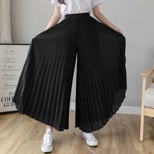Kadın Bahar Yaz Pileli Gevşek Pantolon Moda Kadın Şifon Elastik Bel Etek Pantolon Siyah Mavi Geniş Bacak Pantolon Femme 210802
