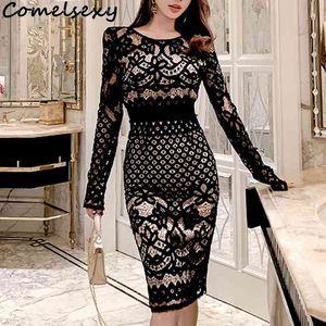 COMELSEXY Kadınlar Hollow Out Uzun Kollu Seksi Bodycon Elbise Zarif Sıska Çiçek Desen Dantel Elbiseler Vestidos 210515