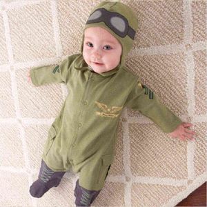 İlkbahar ve Sonbahar Yeni Bebek Pilot Askeri Yeşil Tulum ve Şapka Takım Elbise Bebek Çocuk Erkek Bebek ve Kız Romper Tulum G1218