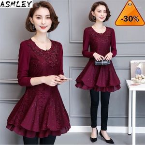 Mulheres Plus Size Blusa Elegante Diamante Lace Túnica Top Casual Vintage Tops de Manga Longa Camisa Vermelho Preto XXL XXXL 4XL 8XL Blusas Mulheres Shi