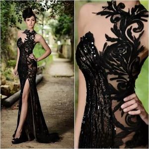 Rami Salamoun Elegant Prom Dresses Beading Appliqued High Neck Mermaid Sequins Split Evening Dresses 2021 Cheap Long Formal Gowns