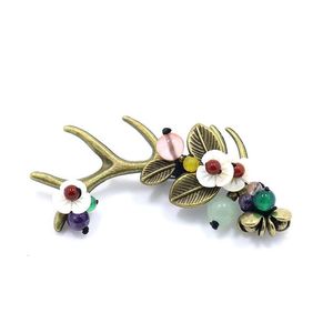 Pins, broches étnica chifres broche bronze liga corsage estilo chinês concha flor colorida bead mulheres acessórios