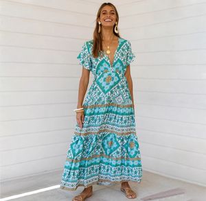 Seksi baskılı yaz maksi elbise derin v boyun kısa kollu vintage vestido plaj boho rahat kıyafetler uzun kadınlar 2021