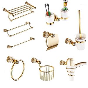 Bath Accessory Set Luxury Gold Crystal Brass Bathroom Accessories Hardware Soap Dish Towel Holder Hair Dryer Rack Paper Net 2