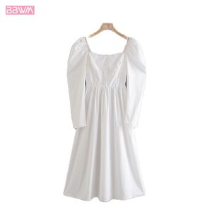 Beyaz Kare Boyun Puf Kollu Bayanlar Elbise Batı Tarzı İnce Uzun Etek Vintage Midi Chic Kadın Elbiseler 210507