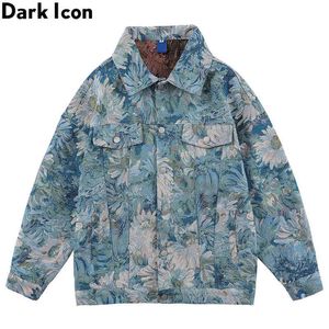 Koyu Simge Çiçek Jakarlı Kot Ceketler Erkek Kadın Boy Erkek Jean Ceket Çift Giyim H1224