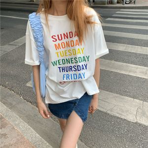 Moda coreana casualfunny algodão manga curta mulheres camiseta domingo segunda-feira terça-feira bonito kawaii carta colorida impressão gráfica top 210518