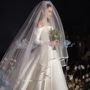 Gelin Veils Süper Uzun 6 Metre Çift Katmanlı Basit Saten Kurdele Kenar 3 M Genişlik Peçe Başlığı Düğün Aksesuarları
