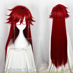 Kuroshitsuji Siyah Butler Grell Sutcliff Kırmızı Uzun Düz Isıya Dayanıklı Saç Cosplay Kostüm Peruk + Kafatası Zincir Gözlük Y0903