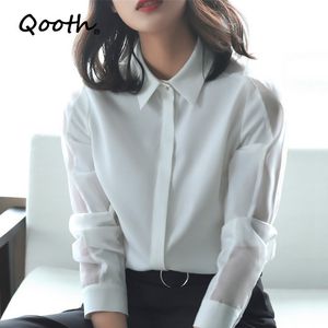 Qooth şifon gevşek tasarım gömlek kadın uzun kollu artı boyutu gömlek batı tarzı zarif ofis bayan gömlek 3XL tops qt557 210518