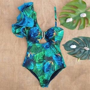 Women's One-Shoulder Floral Ruffle Swimsuit Monokini Bathing Suit Beachwear
