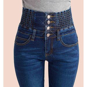 Moda Kadınlar Denim Pantolon Elastik Yüksek Bel Skinny Streç Jean Kadın İlkbahar / Sonbahar Kot Ayak Pantalones Mujer Artı Boyutu 211129