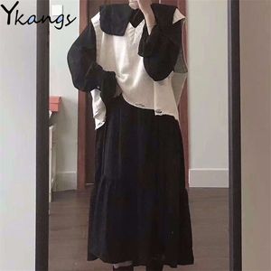 Vintage Kızlar 2 Adet Set Beyaz Kazak Yelek Takım Elbise + Siyah Uzun Elbise Kore Kadınlar Suit Vestido Gevşek Uzun Gömlek Elbiseler Streetwear 210421