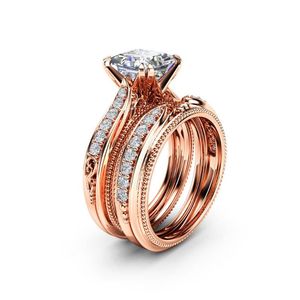 Роскошные Женские Кристалл Циркон Обручальное кольцо набор 18KT Розовое Золото Заполнено Мода Ювелирные Изделия Обещание Обручающие кольца для Женщин
