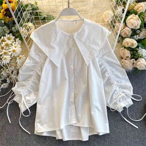 Весенняя корейская свободная рубашка блузка женские дизайн нишевые пальки плиссированные плиссированные слойные рукава большой поворот воротник топ ML768 210506