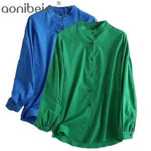 Зеленые летние рубашки мода стойки воротник падение плеча женщины повседневные блузки изогнутые подол одиночную погружные женские длинные топ 210604