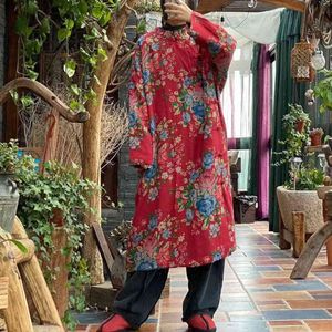 Johanature женщины китайский стиль красные платья стоят с длинным рукавом хлопчатобумажную печать цветочные одежды пружины толстые a-линии кнопка платье 210521