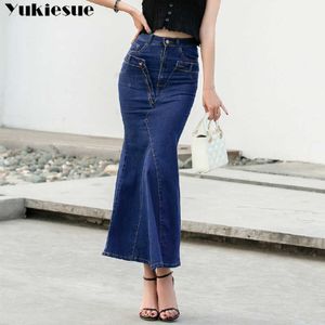 İnce Yüksek Bel Midi Jean Uzun Etek Kadınlar Sıska Trupmet Mermaid Streetwear Etekler Kadın Denim İlkbahar Yaz 210608