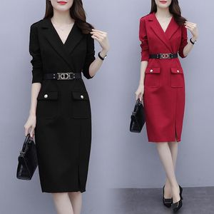 Sıradan Elbiseler Kadın Kemer İşletme Artı Boyut L-5XL Elbise Yağ XXL XXXL 3XL XXXXL 4XL Siyah Kırmızı Uzun Kollu Ofis Bayanlar Kadın İş Giyim