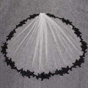 Gelin Veils Siyah Dantel Aplikler Beyaz Fildişi Tül Kısa Düğün Tarak Aksesuarları Ile Bir Katmanlı Peçe Veu de Noiva