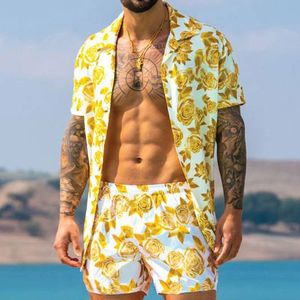 Moda Masculina Agasalhos de Verão Hawai Manga Curta Estampada Blusa Camisa Tops Shorts Conjuntos Roupas Rosa Amarelo Preto