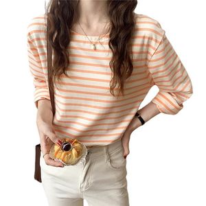 Женская футболка корейская мода полосатая футболка осенью длинный рукав верхний свободный повседневный хлопок женский синий апельсин