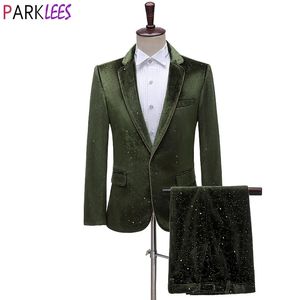 Green One Кнопка Бархатное платье Костюмы Брюки Мужчины Роскошный Бренд Slim Fit Мужской смокинг Костюм Ужин Свадьба Terno Masculino 210522