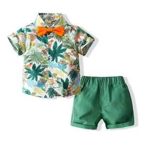Boy Yaz Giyim Setleri 1-6 Yıllık Bebek Çocuklar Plaj Doğum Günü Partisi Baskılı Gömlek Yeşil Şortlar Çocuk Takım Kostüm