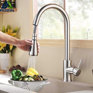 Rozin Brushed Nickel Kitchen Faucet Single Hole Pull Out Spout Kitchen Sink Mixer Tap Stream Sprayer Head Chrome/Black Mixer Tap 210724