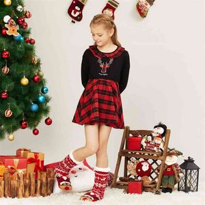 Trendy Noel ekose Ruffled yaka longsleeves çocuklar için elbise kız parti elbiseler 210528