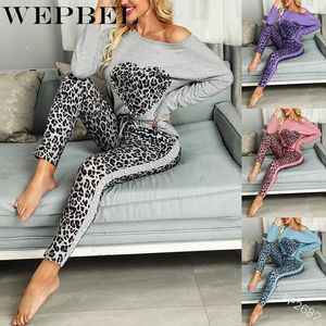 Mulheres Leopard Imprimir Jumpsuit Senhoras Manga Longa O Pescoço Romper Macacão Macacão Homewear Sleepwear Jumpsuits das Mulheres Macacões