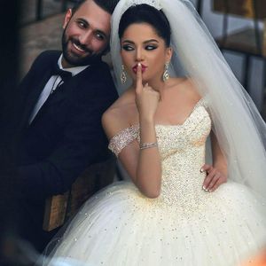 Off-the-omuz kısa kollu kabarık lüks gelinlik 2021 büyük boncuk balo tül prenses gelinlik robe de mariage