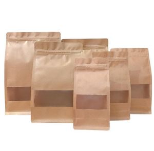 Brown Doypack Kraft Paper Пакетные пакеты Очистить дизайн Окна Самоотложная Сумка для еды Гайки Закуски Складские Пакеты