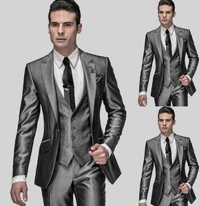 Блестящая корея атласная серая аппликация Groom Tuxedos Groomsmen мужская свадьба выпускных костюмов (куртка + брюки + жилет + галстук) x0909