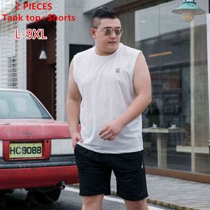 Tanque de shorts de alças de verão homens tracksuit plus tamanho 7xl 8xl 9xl esporte 2 peças sets mangas branca preto t camisa menino vestido de suor g1222