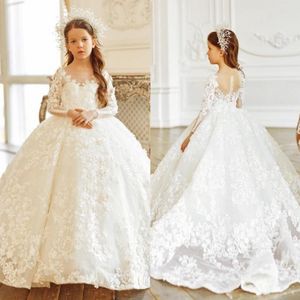 Amazing Ball Gown Lace Girls Pageant Dresses Beaded Sheer Bateau Neck Flower Girl Dress Sequined Long Sleeves First Communion Gowns