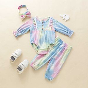 Küçük Toddler Kızlar Bahar Kıyafet Yumuşak Pamuk Örme Uzun Kollu Ruffles Üst Ve Pantolon 2 adet Giyim Seti + Kafa Bandı 210529