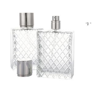 100 ml quadratische Gitter, geschnitzte Parfümflaschen, klares Glas, leer, nachfüllbar, feiner Nebelzerstäuber, tragbare Zerstäuber, Duft RRE10821