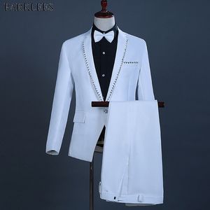 Erkek beyaz elmas kenar 3 adet takım elbise (ceket + pantolon + papyon) slim fit şık düğün damat pantolon kostüm homme mariage ile takım elbise 210522