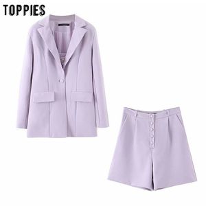 Фиолетовые женские наборы Одноуготный куртка пиджаки Blazers высокая талия Бермудские шорты сексуальные камизолы лето короткие 210421