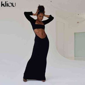 KLIOU Нерегулярная форма Maxi платье женщин твердые усеченные выдолбления расщепления халат битник с длинным рукавом без спинки горячей женской клубной одежды Y1204