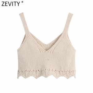 ZEVITY Kadın Moda V Boyun Jakarlı Tığ Örgü Kazak Kadın Temel Spagetti Kayışı Dalga Kısa Yelek Şık Kırpma Tops SW812 210419