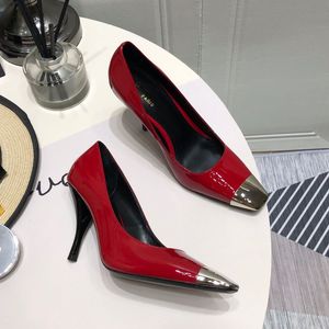 Luxury women Dress shoes metal design pointed toes sexy high-heels Fashion Ladies wedding shoes Sandals Patent Shiny Leather Pumps Top quality with box
