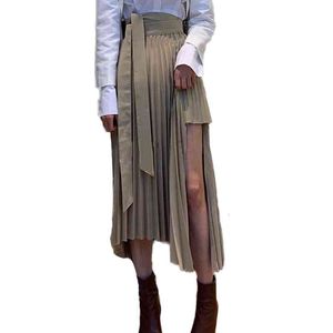 Темперамент торфяный шнурок твердой юбки мода высокая талия асимметричный дизайн юбки пружины MD-длинные Faldas 210514