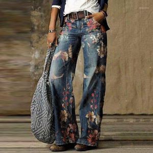 Kadın Kot Pantolon Rahat Artı Boyutu Gevşek Sonbahar Kış Zarif Çiçek Baskı Vintage Bayanlar Geniş Bacak Pantolon 3XL