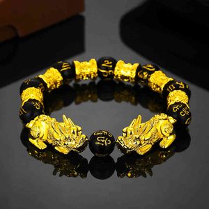 Женщины Men Real Gold Plated Black Budda Beads Браслет Lucky Money Feng Shui Pixiu Mani Mantra Black Obsidian Браслет богатства