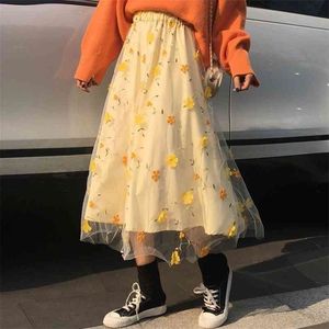 Gelbe 3D-Blumen-Spitze-Skrit-Frauen-hohe Taillen-Netz-lange Skrit-weibliche elegante Midi-Tüllröcke süße nette Studenten-Schule tragen Saia 210730