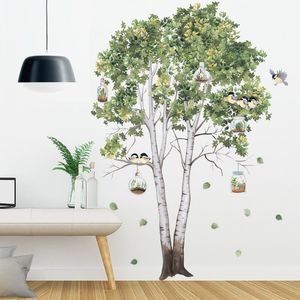 Duvar çıkartmaları büyük ağaç huş ağacı yeşil yaprakları çıkartmaları oturma odası yatak odası kuşlar ev dekor posteri duvar kağıdı pvc dekorasyon