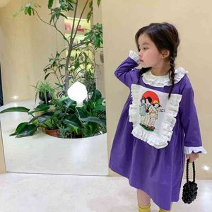 Sonbahar Kızlar Vintage Baskı Elbise Japon Dantel Yaka Hizmetçi Prenses Karikatür Karakter Toddler Çocuk Giysileri 210615